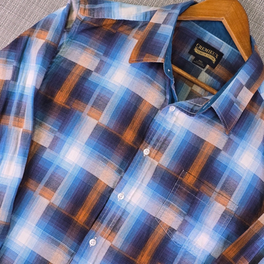 Cremieux Plaid Shirt XXL Blue Button Up Classic Americana Contrast Flip Cuff